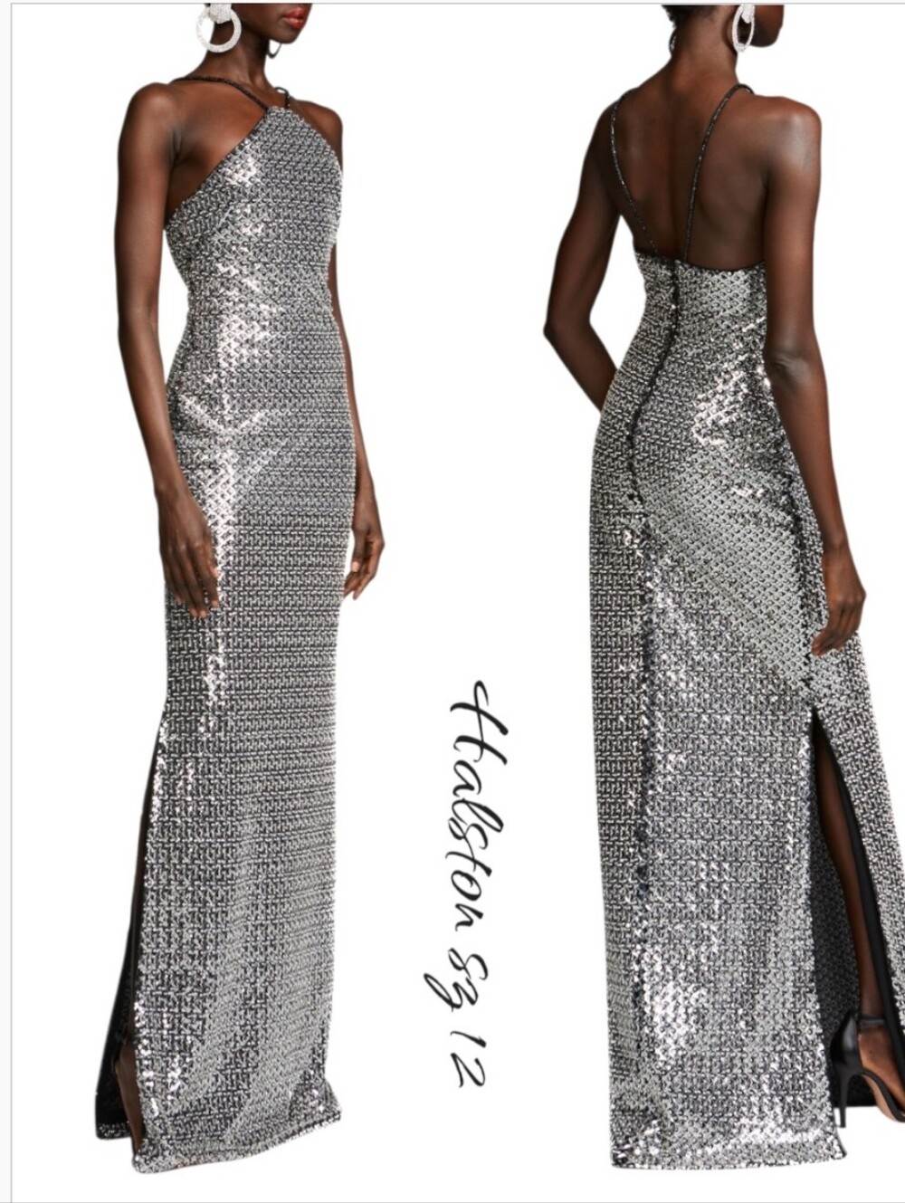 Halston Yeva Silver Crystal Sequin Halter Column Gown Dress 12